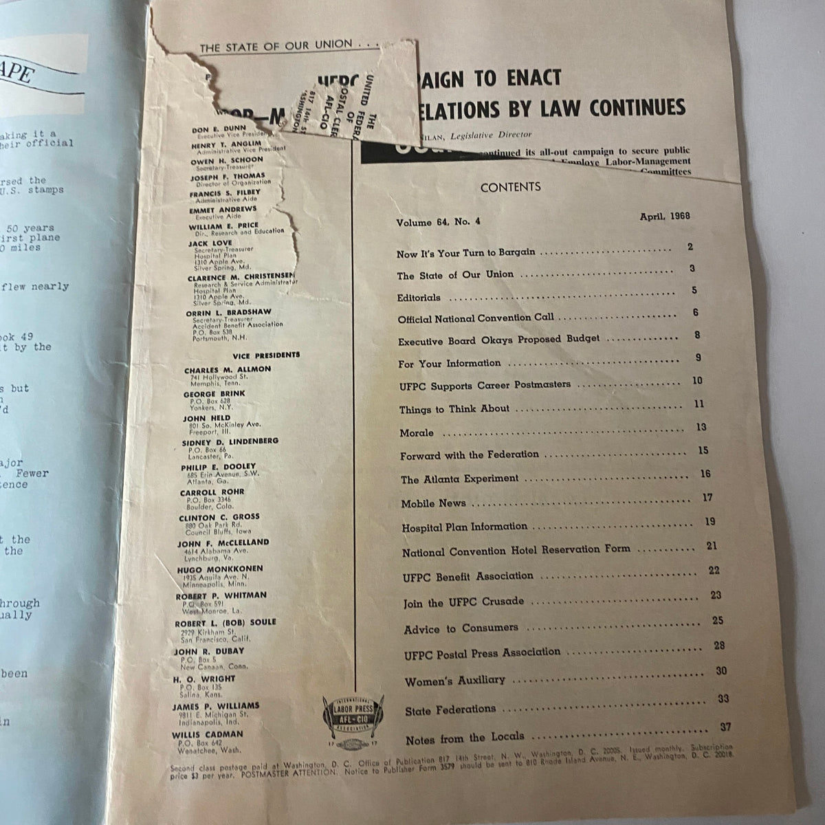 The Union Postal Clerk Journal - April 1968, showing the damaged cover with contents listing including important labor negotiation topics.