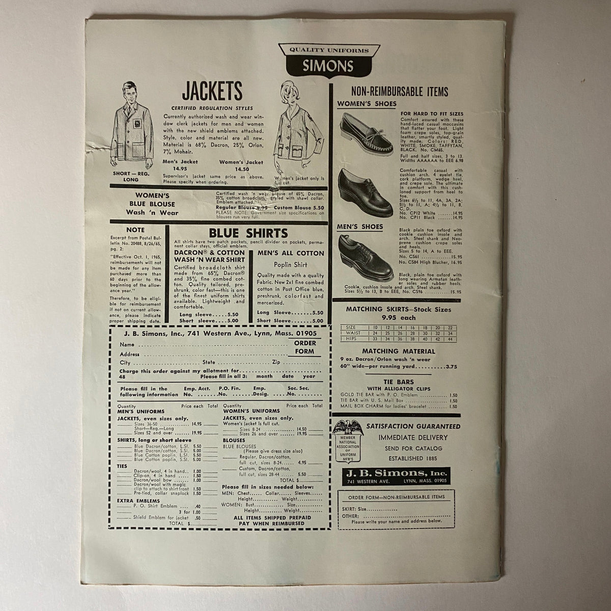 The back cover of The Union Postal Clerk Journal - April 1968, featuring an ad for uniforms from Simons, relevant to the historical context of the journal.