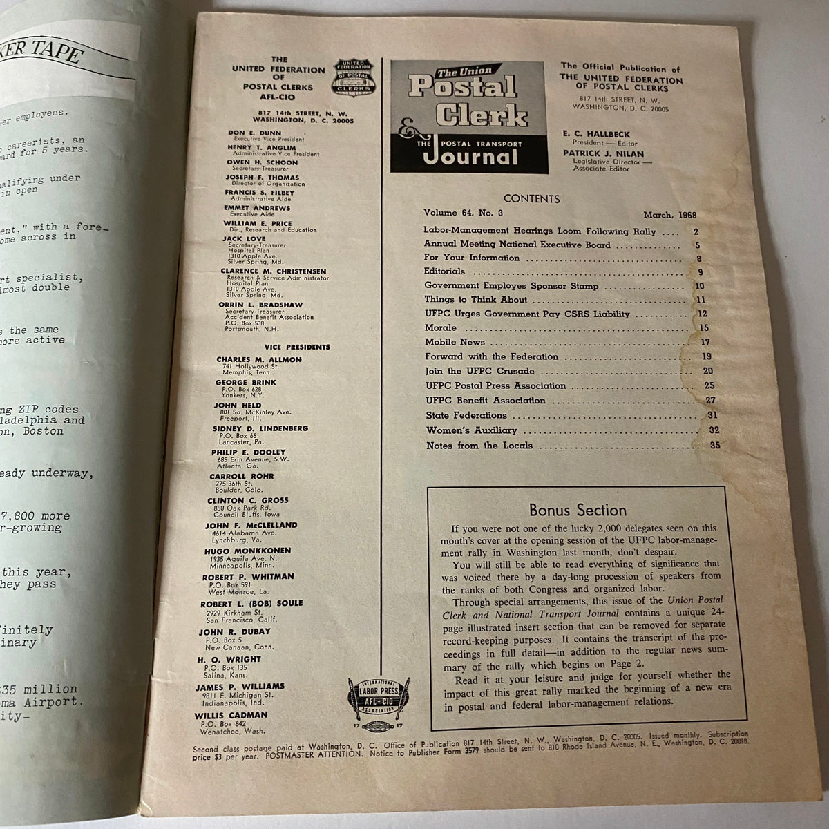 The Union Postal Clerk Journal March 1968 table of contents page, detailing articles on labor-management topics and postal worker issues, reflecting the historical significance of the publication.