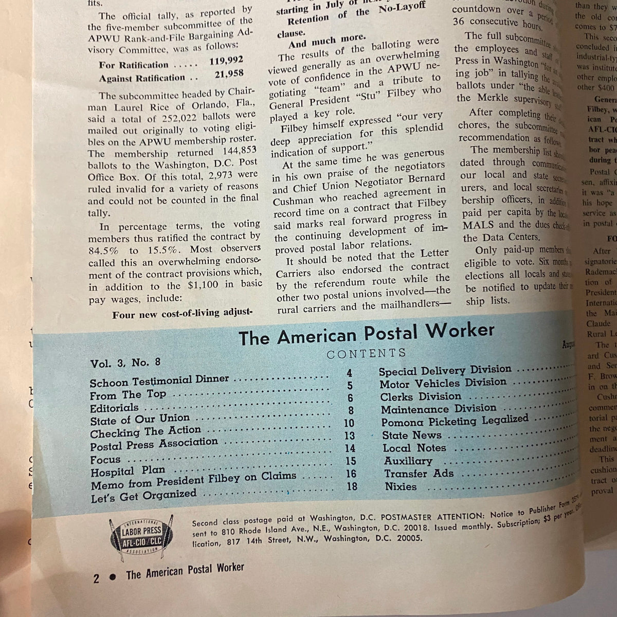 Interior page from The American Postal Worker Magazine August 1973 detailing voting results on union contracts and providing an overview of contents including editorials and key actions in postal services.