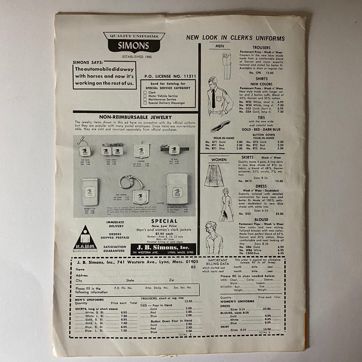 Advertisement page from The American Postal Worker Magazine August 1973 featuring J.B. Simons Inc. with listings for quality uniforms and jewelry items pertinent for postal workers.
