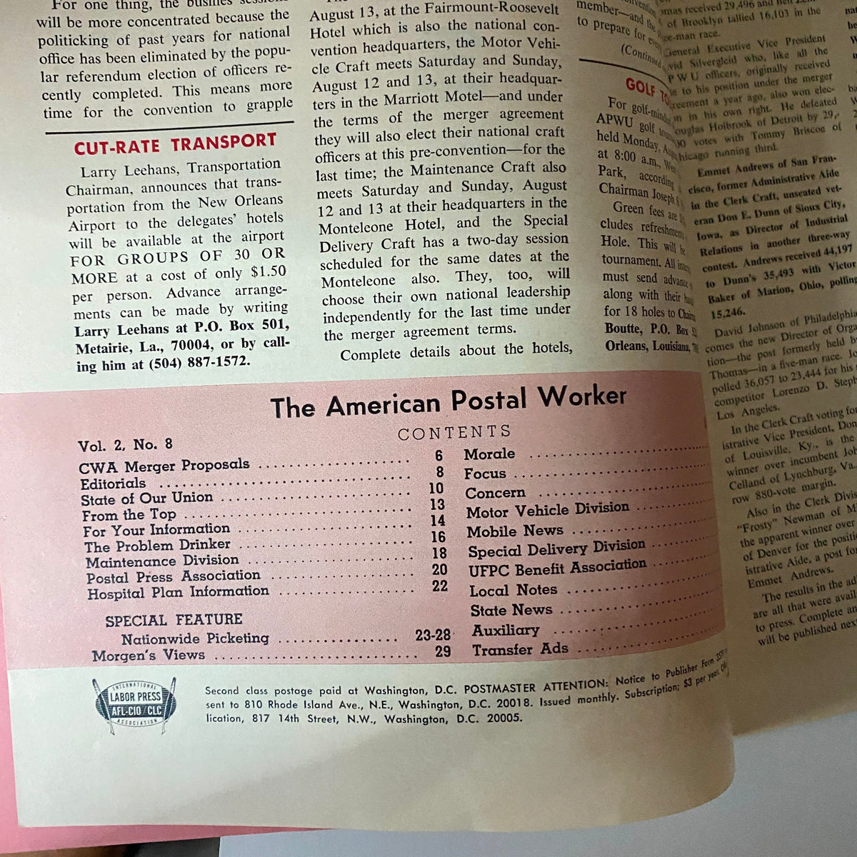 Inside page of The American Postal Worker Magazine July 1972 showcasing the table of contents, highlighting key articles and features on labor topics relevant to postal workers.