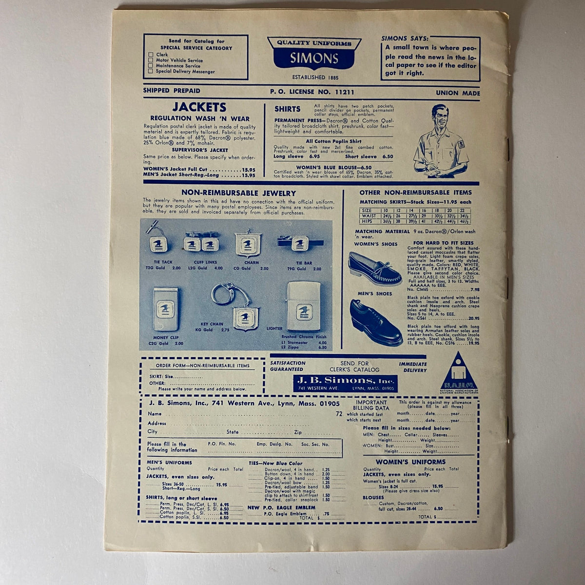 Back cover of The American Postal Worker Magazine July 1972 with advertisements for quality uniforms, including jackets and shirts, emphasizing union-made apparel and satisfaction guarantee.