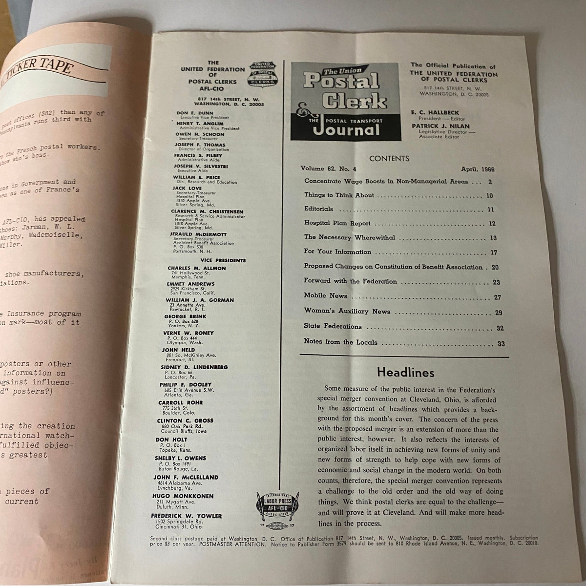 Contents page of The Union Postal Clerk Journal April 1966, detailing articles and headlines relevant to postal service topics during the Special Merger Convention.