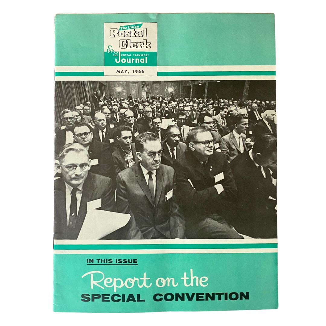 Cover of the Union Postal Clerk Journal from May 1966 featuring a report on the Special Convention with a group of attendees in discussion.