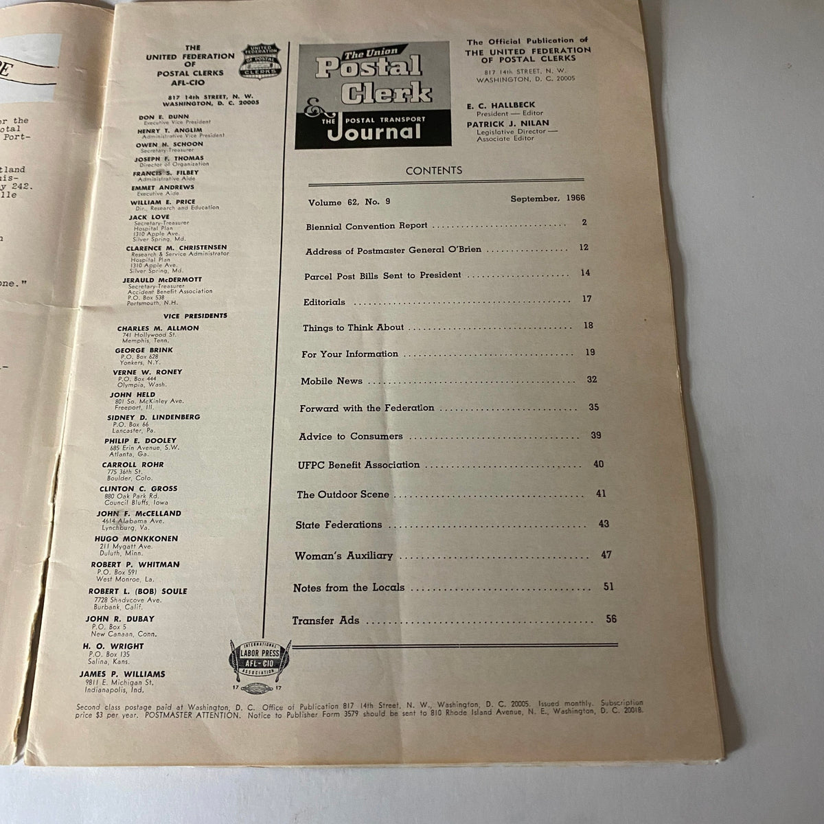 Inside page of The Union Postal Clerk Journal September 1966 Louisville Convention Report showing the contents section with topics related to postal services and conventions.