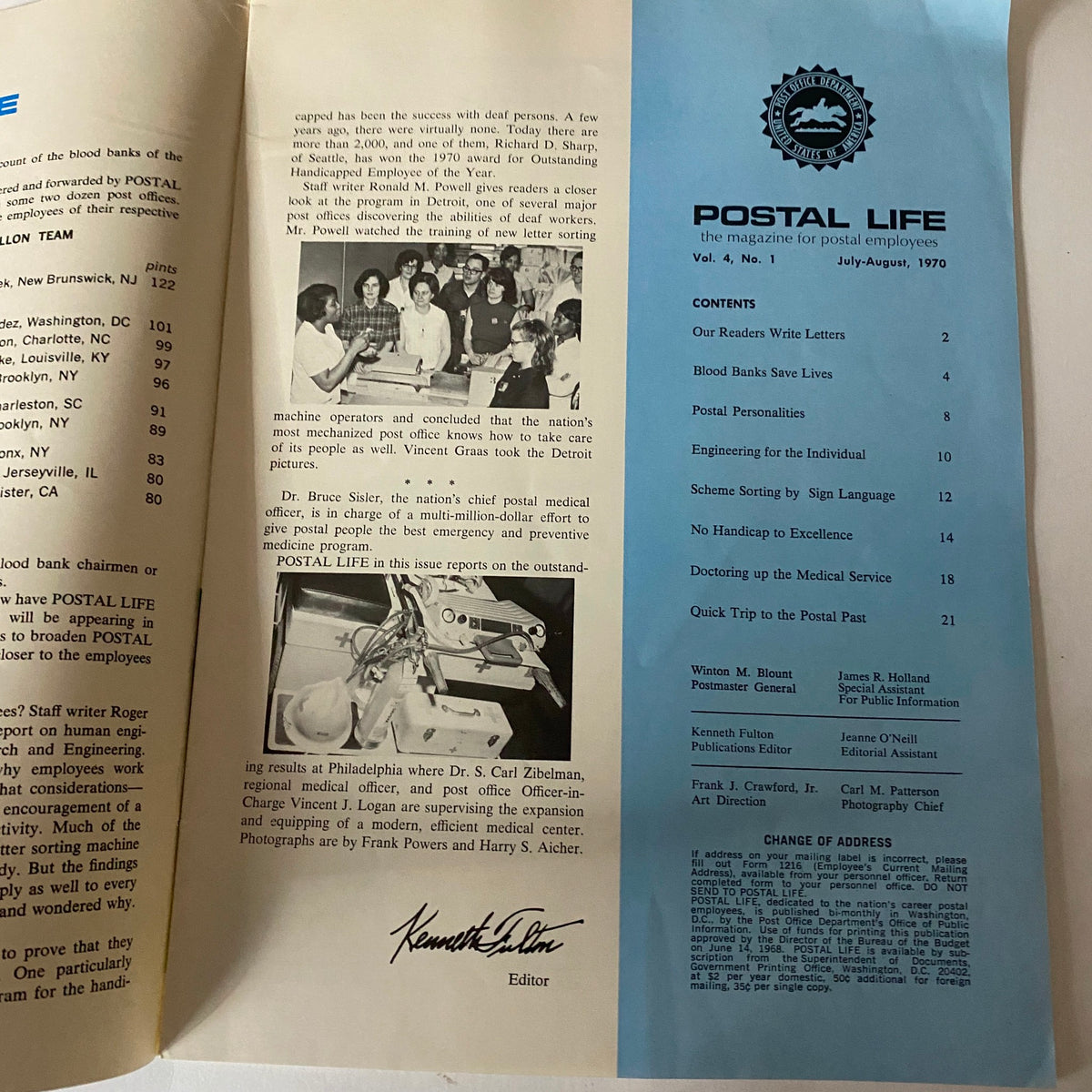 Inside page of the VTG Postal Life Magazine July - August 1970 containing articles and content overview related to postal service and community involvement.