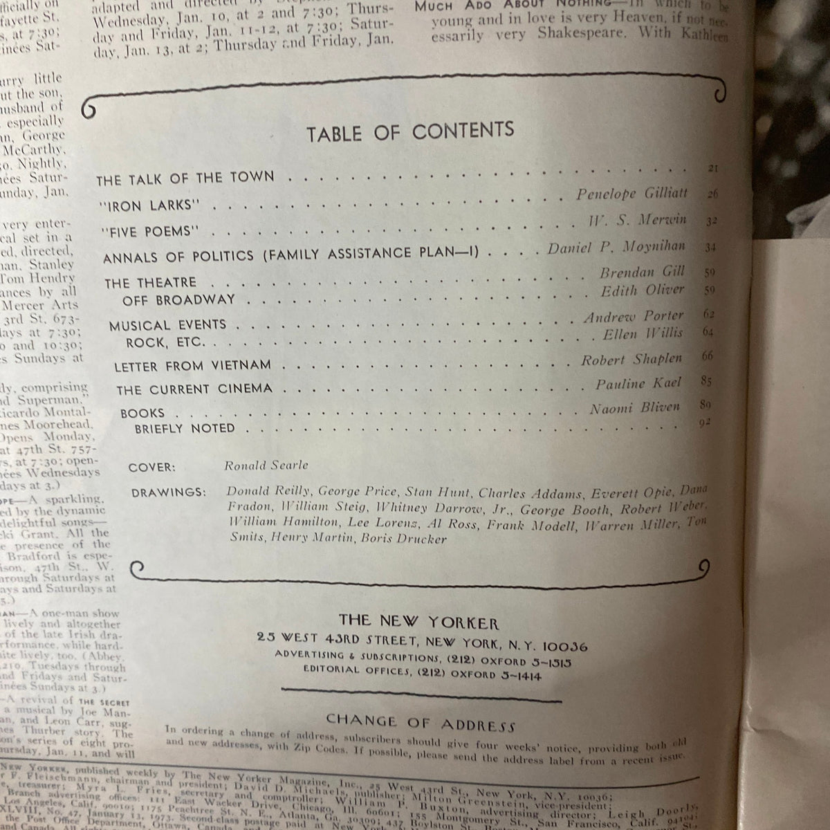 Table of contents page from The New Yorker magazine, January 13, 1973, featuring titles of featured articles and mentioning cover artist Ronald Searle, providing insight into the magazine's content.