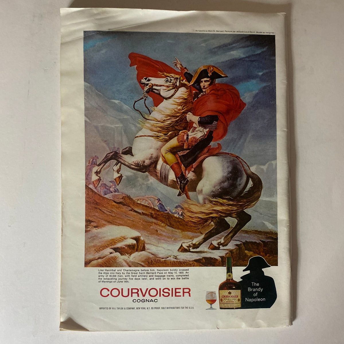 Advertisement page from The New Yorker Full Magazine April 17 1971 for Courvoisier Cognac, depicting a historical figure on horseback, indicative of vintage advertising style.