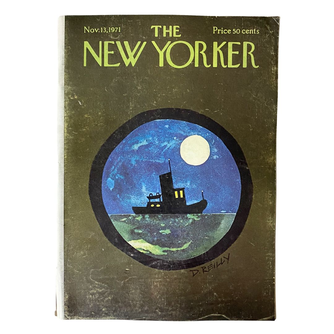 The New Yorker Full Magazine November 13, 1971 featuring a Donald Reilly cover artwork, showcasing a boat silhouette under a full moon against a colorful background.