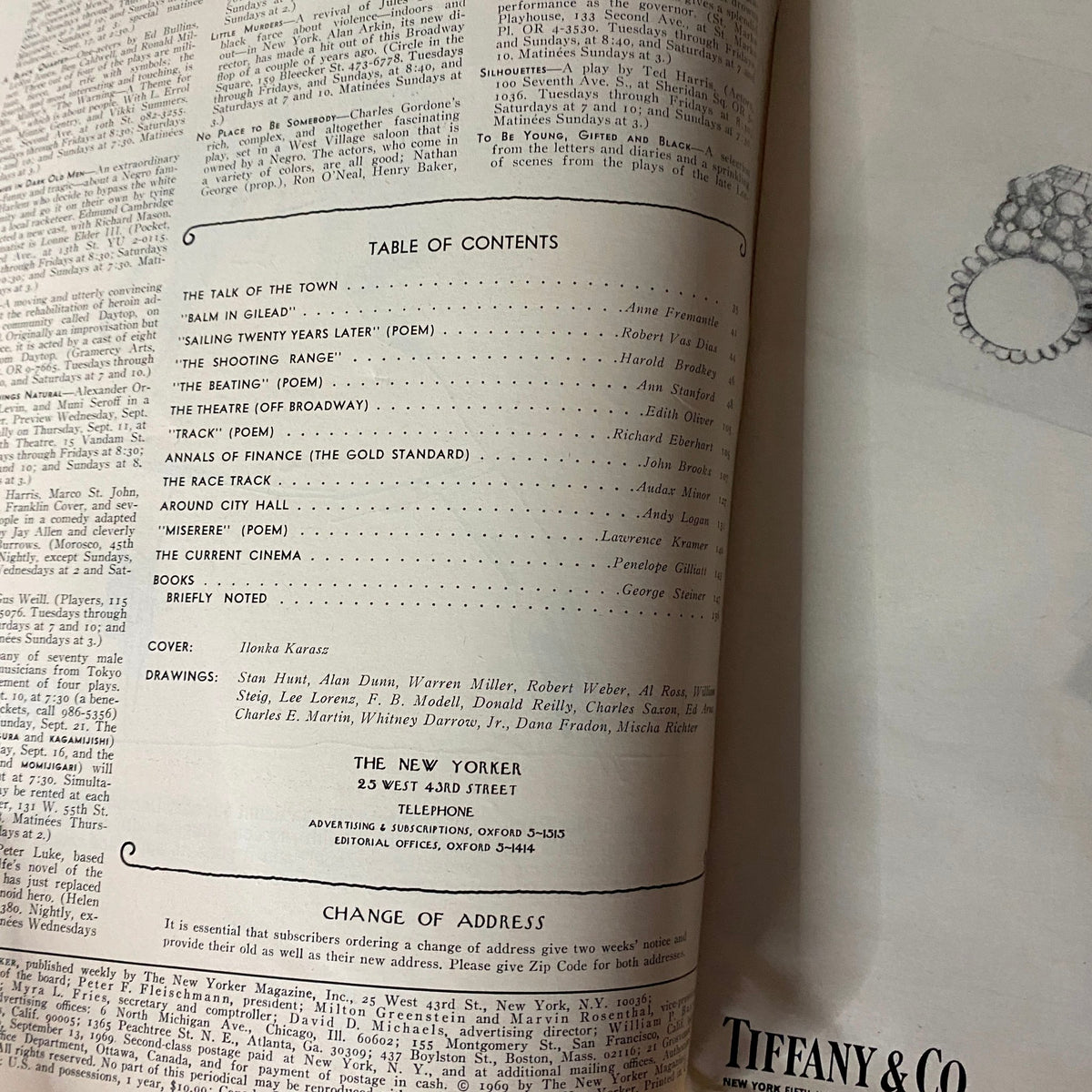 Table of contents from The New Yorker Full Magazine September 13 1969, listing articles and poems, with the cover by Ilonka Karasz noted.