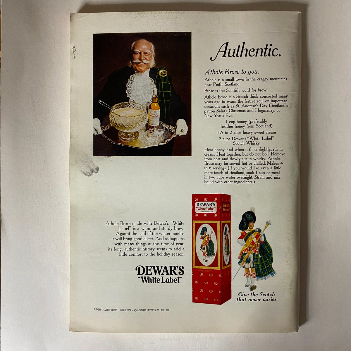 A vintage advertisement in The New Yorker Full Magazine November 14 1970 for Dewar's White Label Scotch, showcasing a traditional Scottish figure and a recipe for Athole Brose.
