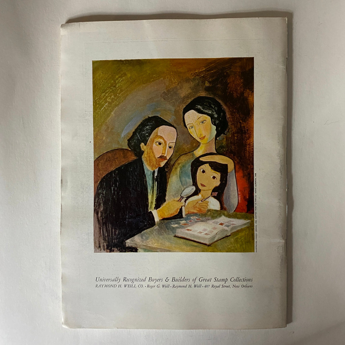 Back cover of The New Yorker Full Magazine December 20 1969 featuring a vintage advertisement for Raymond H. Weil Co., showing an artistic portrayal of a family looking at a stamp collection.