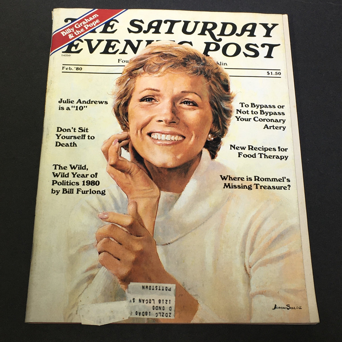 Cover of VTG The Saturday Evening Post February 1980 featuring Julie Andrews with the title 'The Wild, Wild Year of Politics 1980', showcasing a smiling Julie Andrews and articles about health and food recipes.