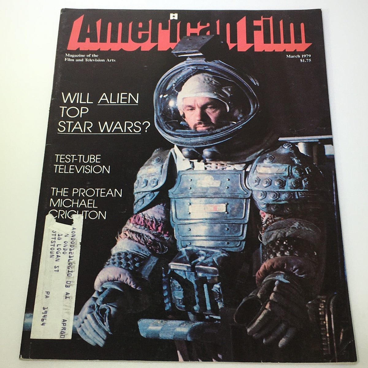 Cover of VTG American Film Magazine March 1979 featuring Michael Crichton in a space suit, with headlines about Star Wars and Alien, designed for film enthusiasts and collectors.