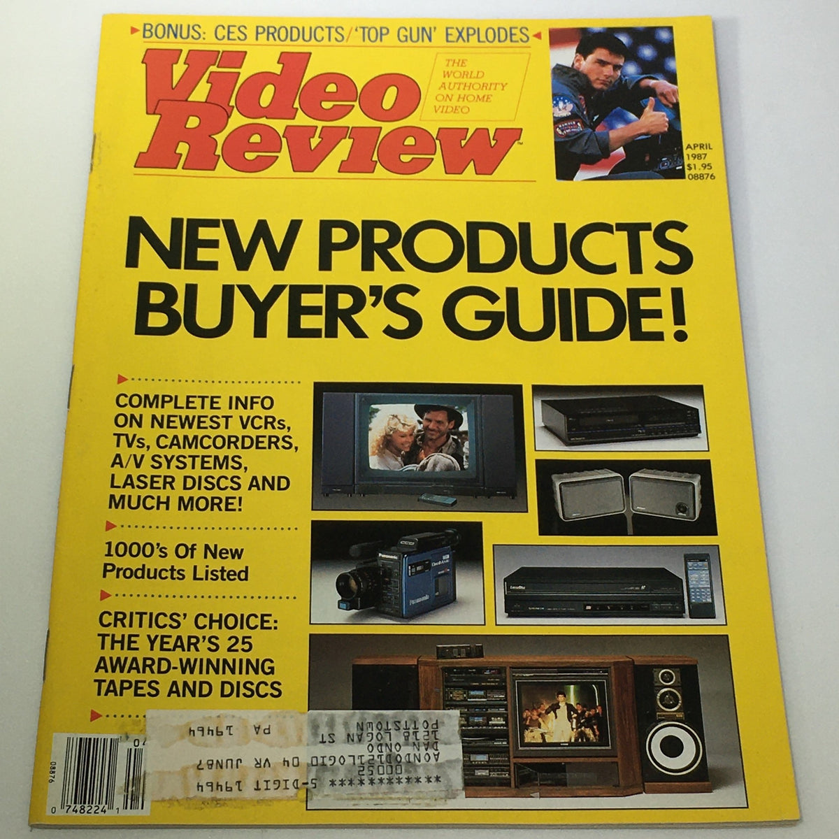 VTG Video Review Magazine April 1987 cover featuring Tom Cruise's Top Gun with articles on new video products, VCRs, and camcorders.