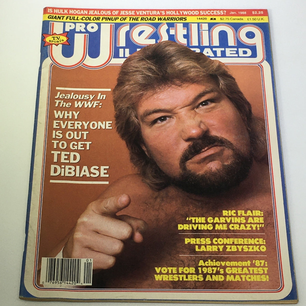 Cover of the January 1988 edition of Pro Wrestling Illustrated featuring Ted DiBiase, Ric Flair, and Larry Z, highlighting wrestling news and achievements.