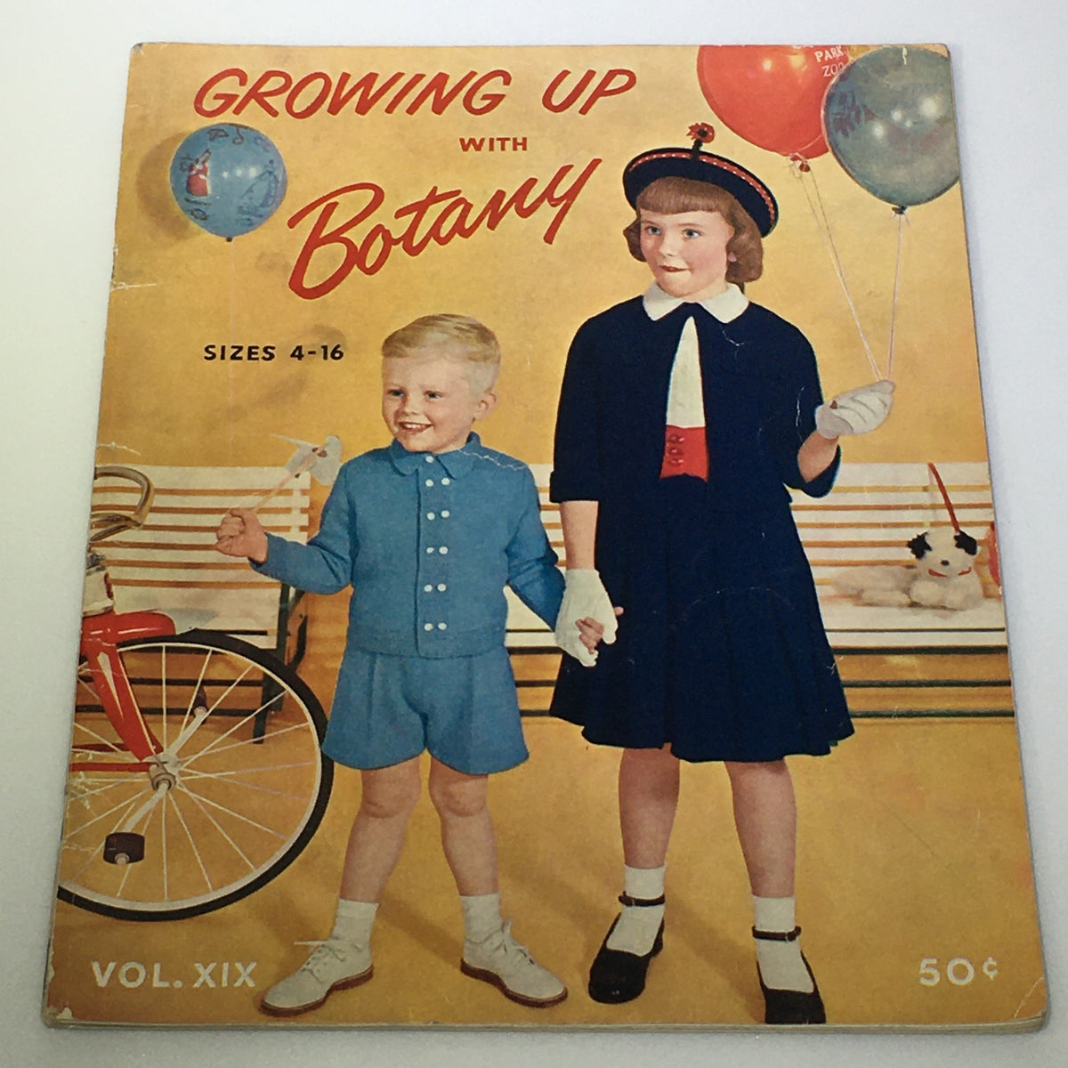 Cover of the VTG 1950 Sweet Sue Knitting Catalog titled 'Growing Up with Botany', featuring children in vintage fashion holding balloons, showcasing styles for sizes 4-16.