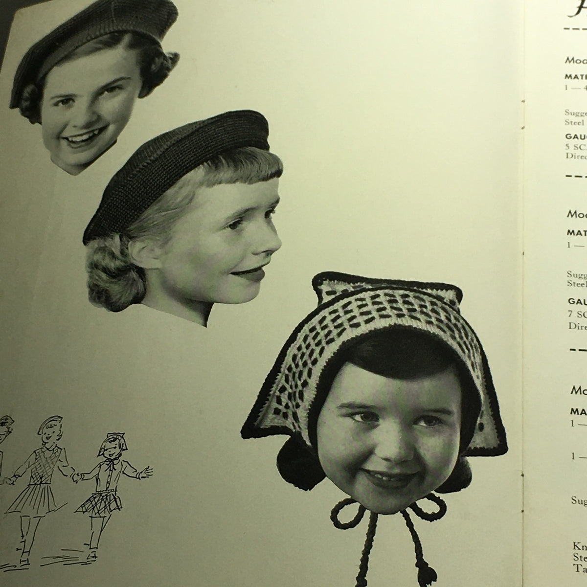 VTG 1950 Sweet Sue Knitting Catalog image featuring three girls' hairstyles and hats, showcasing vintage knitting patterns.