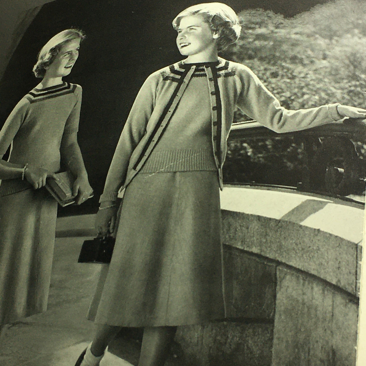VTG 1950 Sweet Sue Knitting Catalog page featuring a stylish woman in a vintage knitted outfit, demonstrating knitting fashion from the 1950s.
