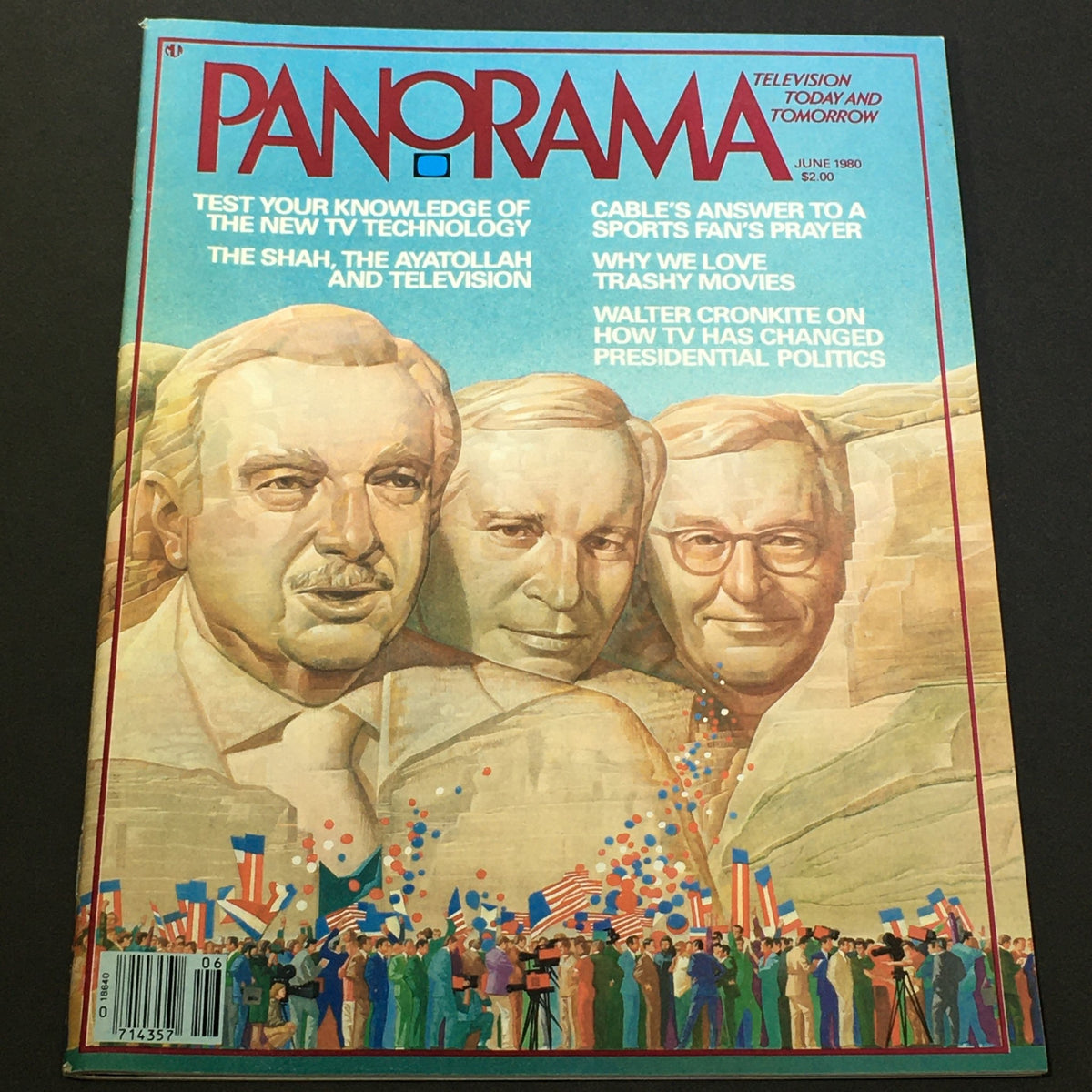 Cover of VTG Panorama The TV Magazine June 1980 featuring depictions of The Shah, The Ayatollah, and television with vibrant artwork and headlines related to TV technology and political commentary.