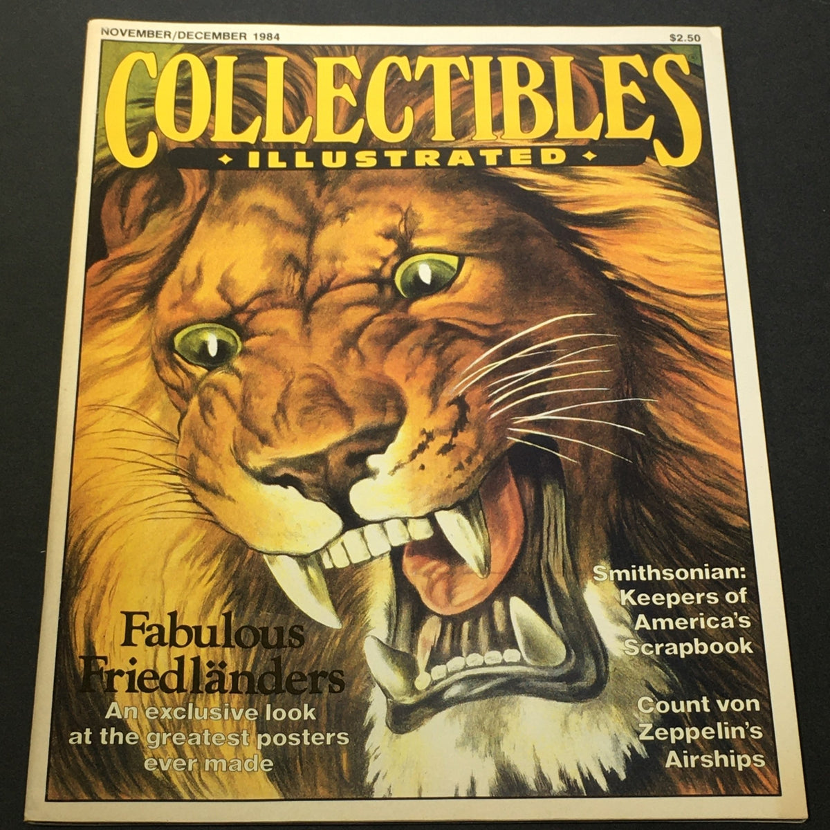 Cover of the vintage magazine 'Collectibles Illustrated' from November-December 1984 featuring a striking lion illustration and the title 'Fabulous Friedlanders', highlighting an exclusive look at iconic posters.