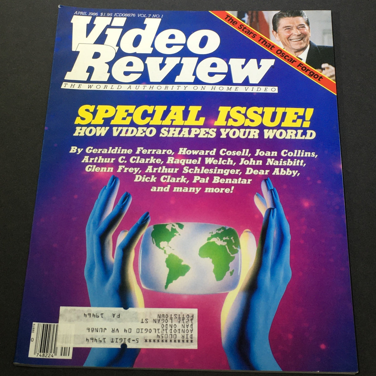 Cover of Vintage Video Review Magazine from April 1986, featuring the title 'Special Issue! How Video Shapes Your World', showcasing hands holding a globe, with contributions from notable figures like Geraldine Ferraro and Raquel Welch.