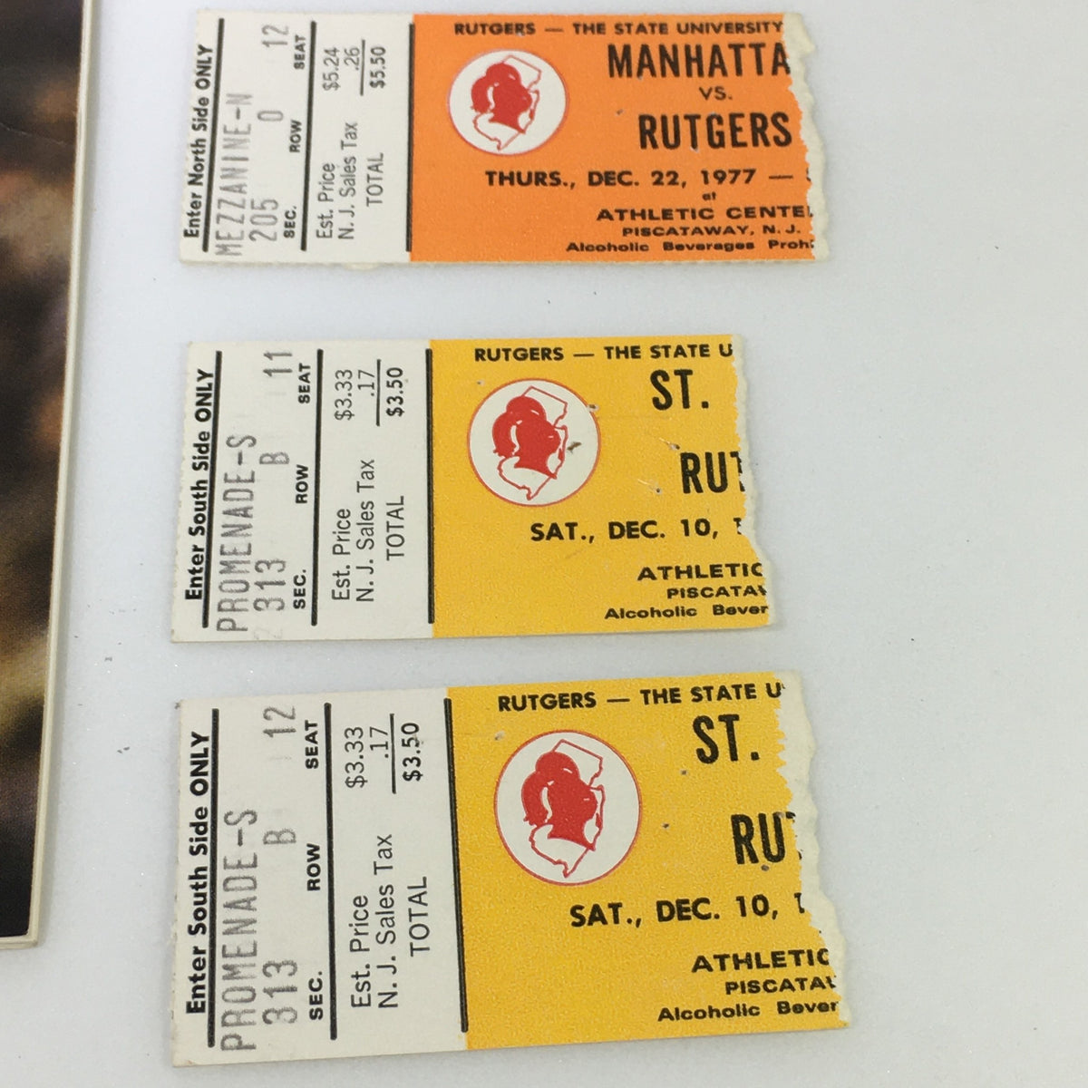 Game tickets from the 1978 NCAA Rutgers Scarlet Knights basketball season, displayed with the vintage magazine titled 'VTG NCAA Rutgers Scarlet Knights Basketball Magazine December 7-8 1978'.