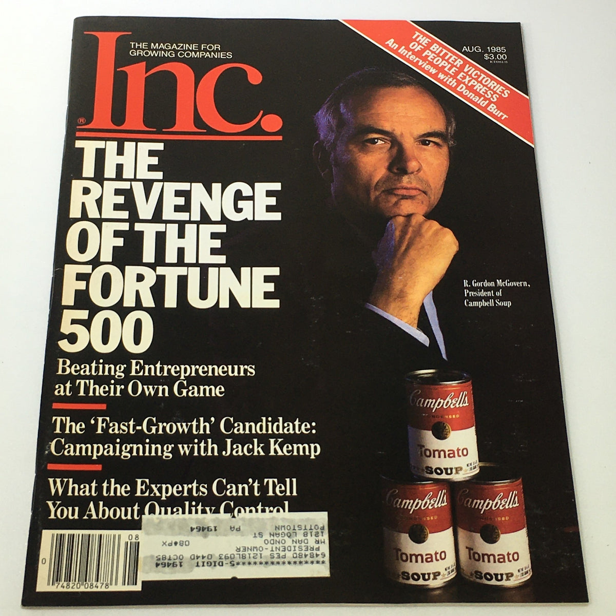 August 1985 Inc. Magazine featuring 'The Revenge of the Fortune 500' with R. Gordon McGovern on the cover, highlighting business strategies and entrepreneurial insights of the 1980s.