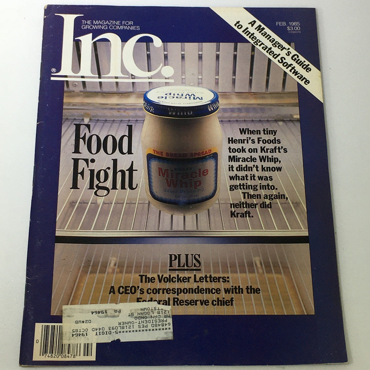 Cover of Vintage Inc. Magazine for Growing Companies, February 1985 edition, featuring an article titled 'Food Fight' about Kraft's Miracle Whip and The Volcker Letters discussing a CEO's correspondence with the Federal Reserve chief.