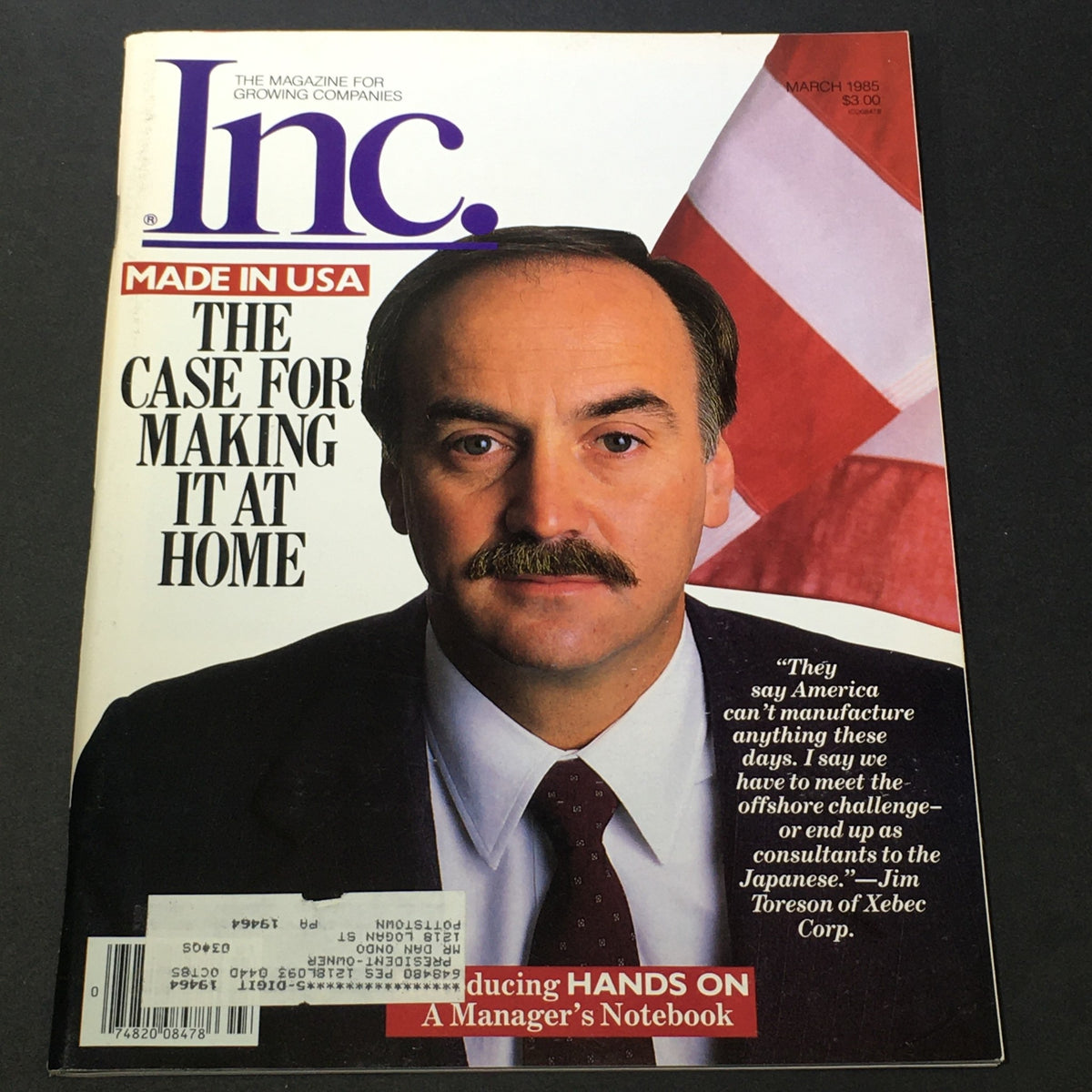 Cover of VTG Inc. Magazine for Growing Companies - March 1985 featuring a portrait of Jim Toreson of Xebec Corp. with the title 'THE CASE FOR MAKING IT AT HOME'.