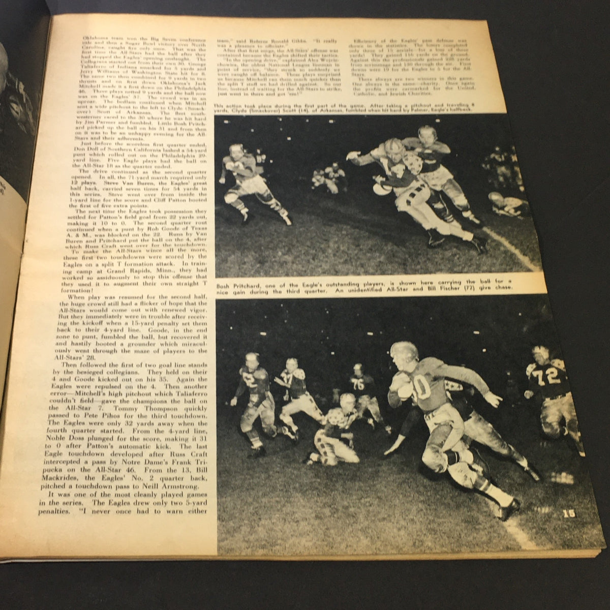 Page from VTG Sports Review Pro Football Illustrated Vol. 9 #4 from 1949 featuring text and images showcasing players during a football game.