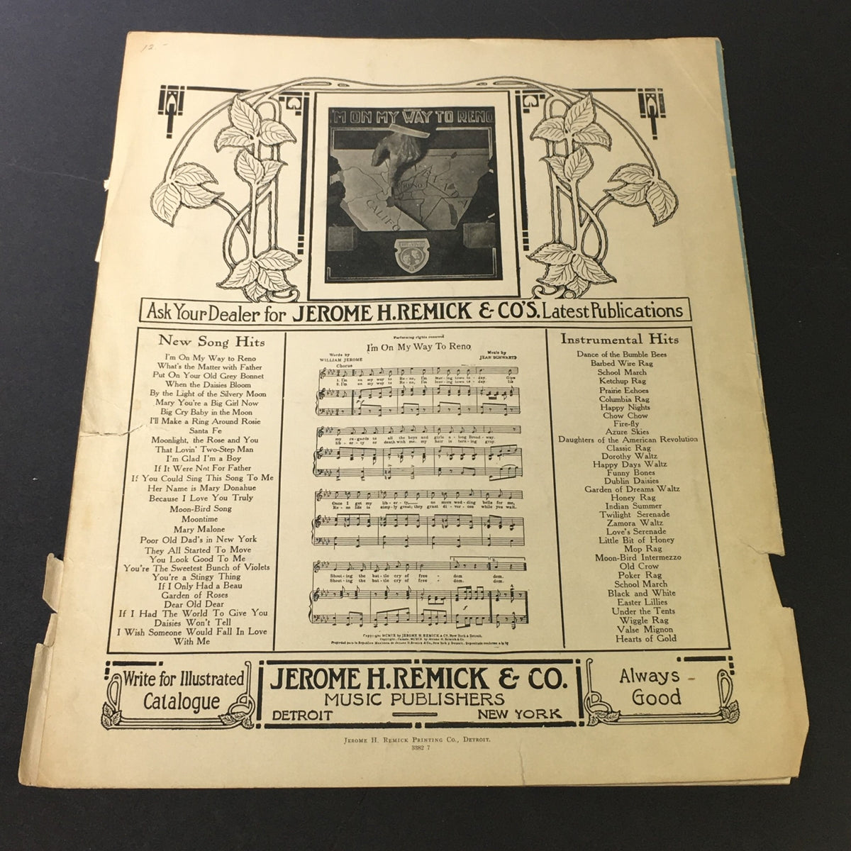 Back cover of the vintage sheet music for 'What's The Matter With Father' showcasing publications from Jerome H. Remick & Co.