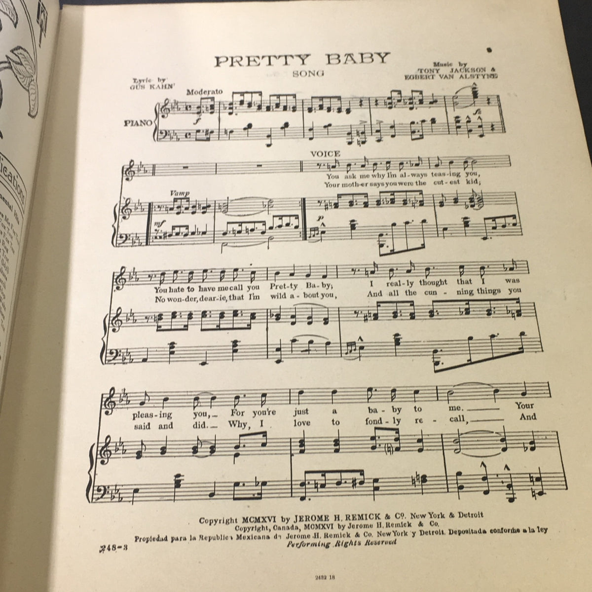 Sheet music for the Pretty Baby song from The Passing Show of 1916, composed by Tony Jackson, featuring vocal and piano arrangements.