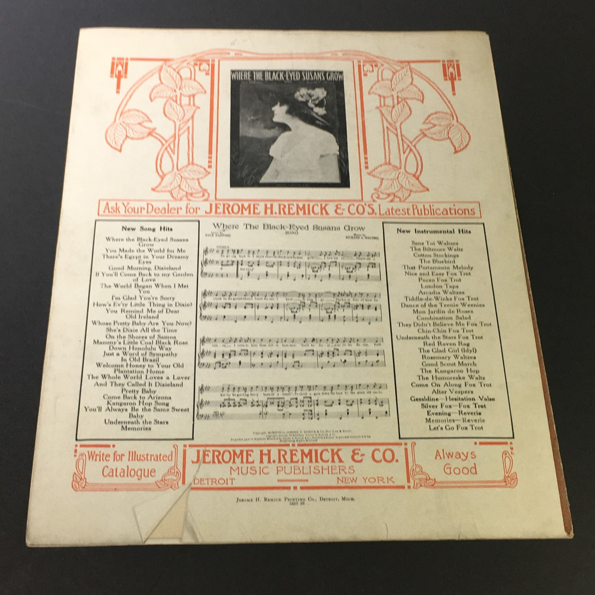 Back cover of the Pretty Baby song sheet from The Passing Show of 1916, showcasing advertisements from Jerome H. Remick & Co. and additional song titles.