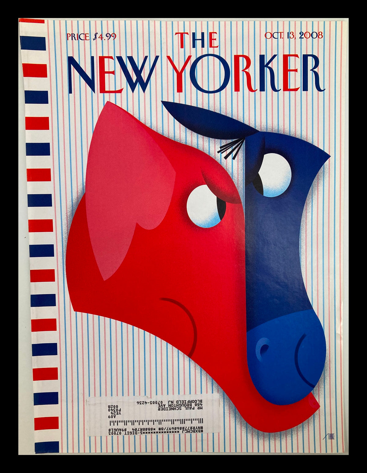 Cover of The New Yorker October 13, 2008 featuring artwork by Bob Staake, showcasing a stylized red and blue face-off design.