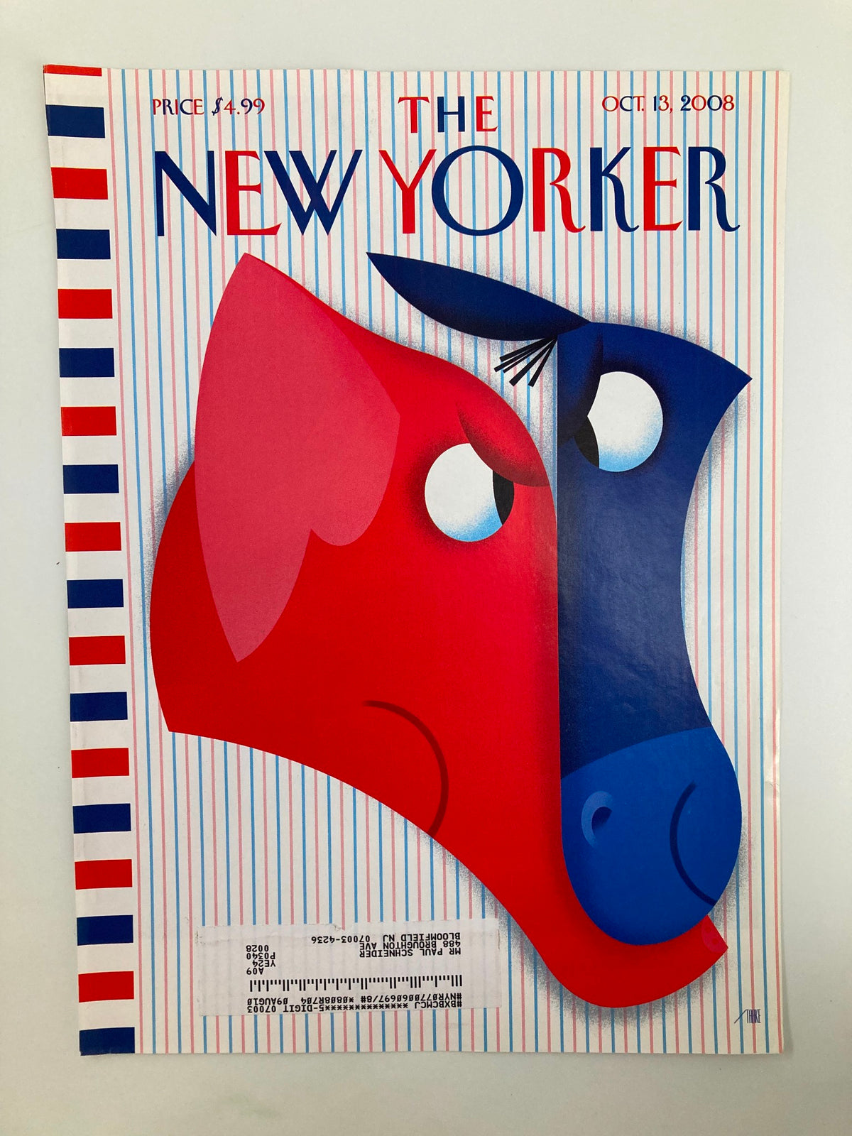 The New Yorker cover from October 13, 2008, illustrated by Bob Staake, displaying a vibrant depiction of a red and blue dog face.