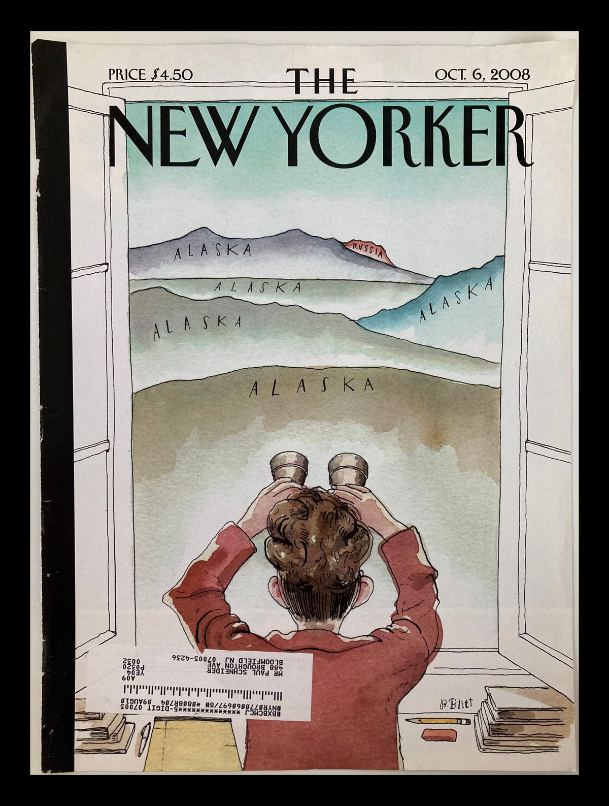 Cover of The New Yorker, October 6, 2008 titled 'A Room with a View' by Barry Blitt, featuring a man using binoculars to observe a scenic view labeled 'Alaska'.