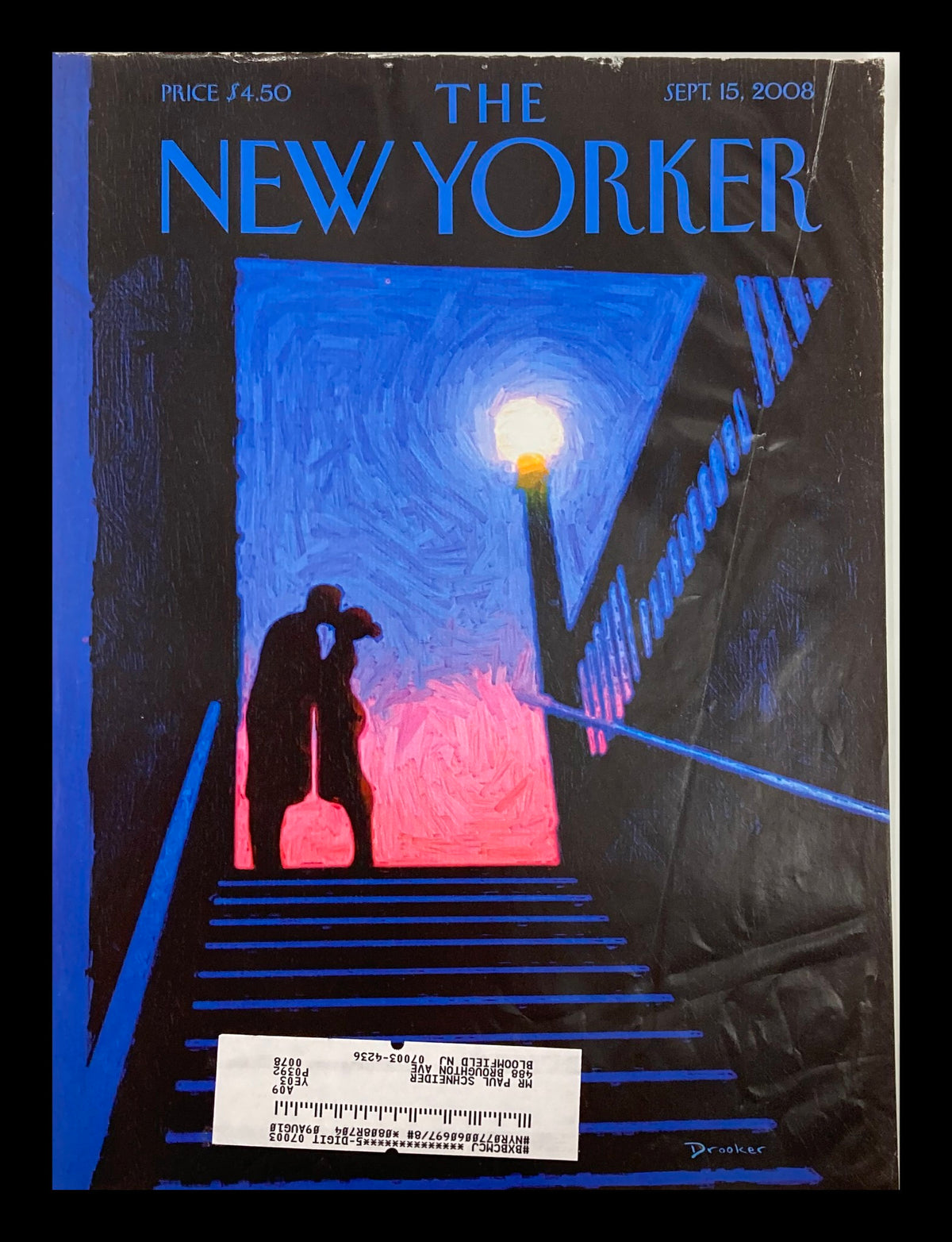 Cover only of The New Yorker September 15, 2008 featuring 'Subway Kiss' by Eric Drooker, capturing an intimate moment between two lovers in a subway setting.