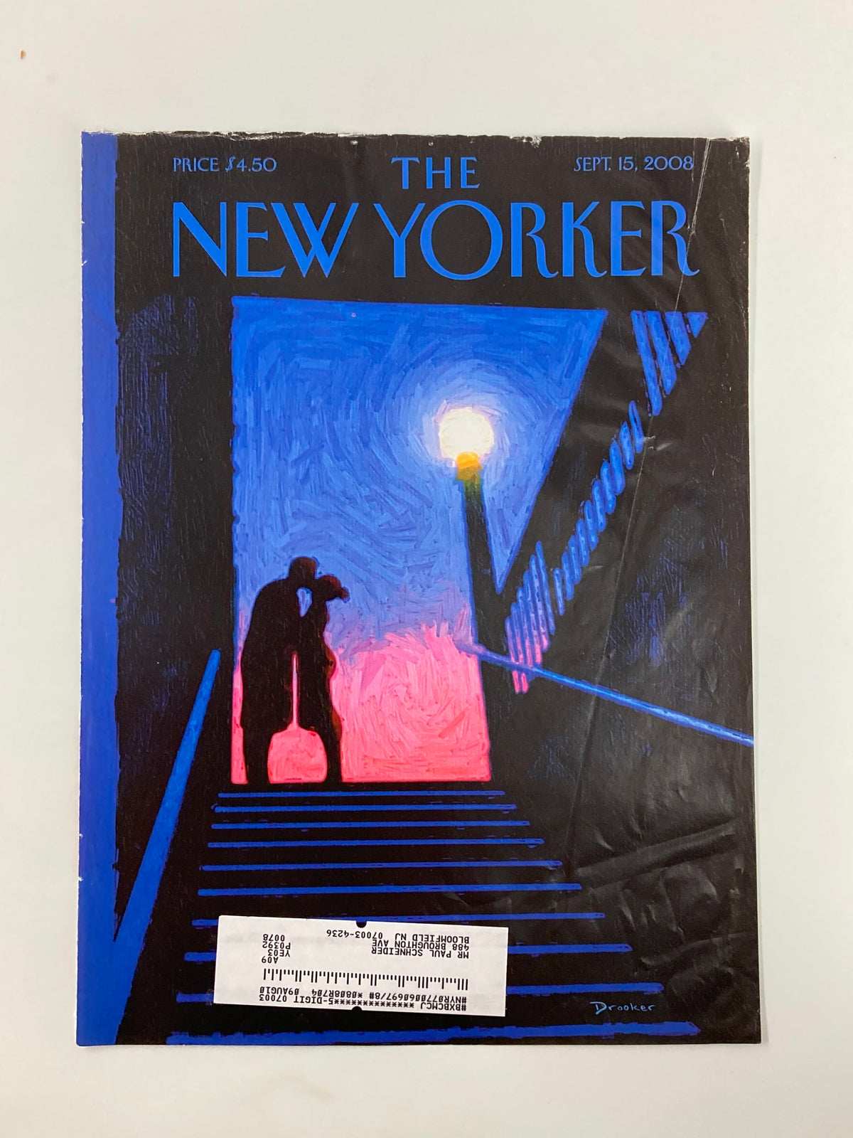 Cover only of The New Yorker September 15, 2008 showcasing 'Subway Kiss' by Eric Drooker, depicting a romantic scene illuminated by a streetlamp.