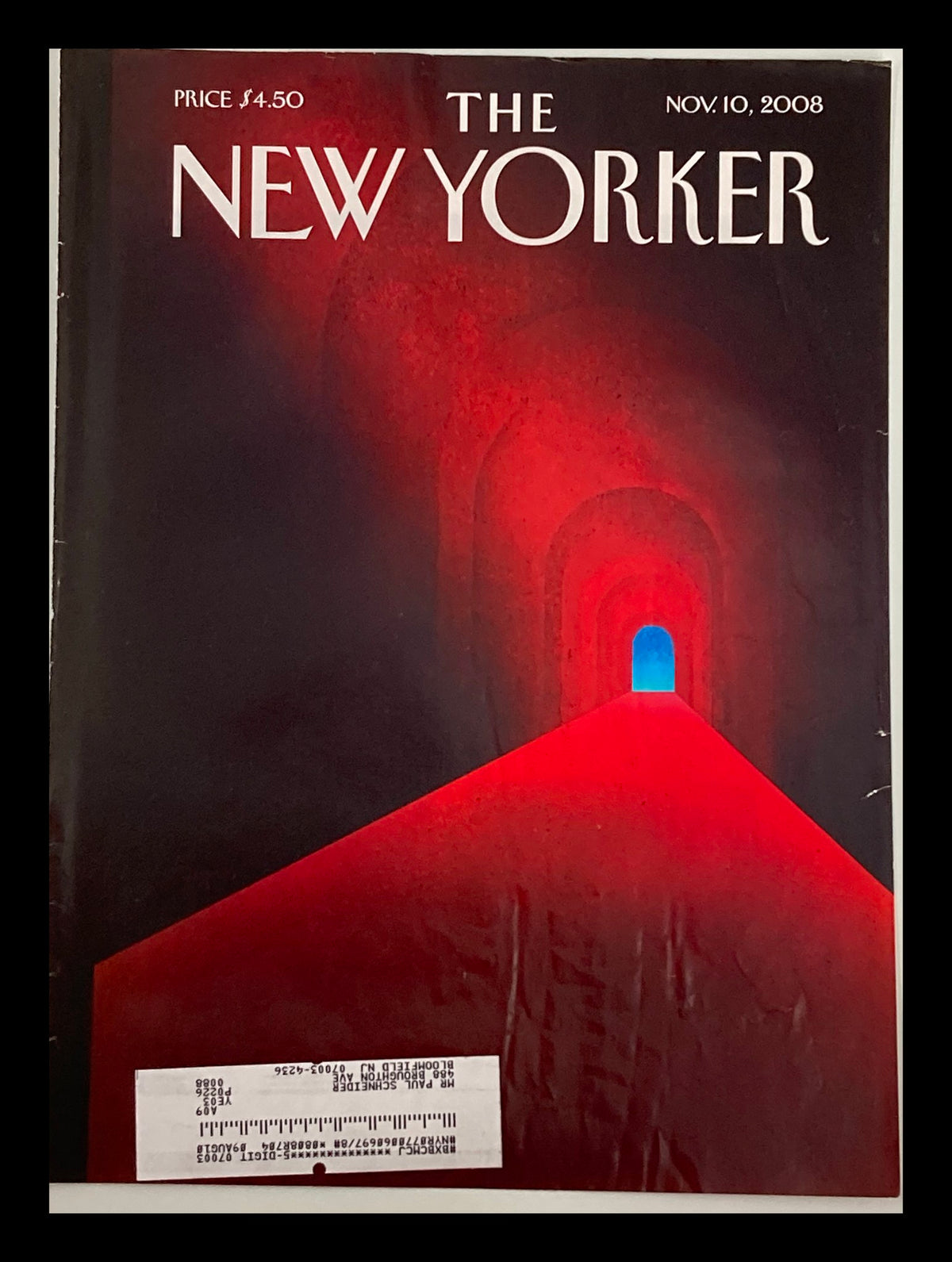Cover of The New Yorker dated November 10, 2008 featuring 'A Very Long Tunnel' by Bryan Stauffer, showcasing a striking red and black design with a blue-lit tunnel entrance.