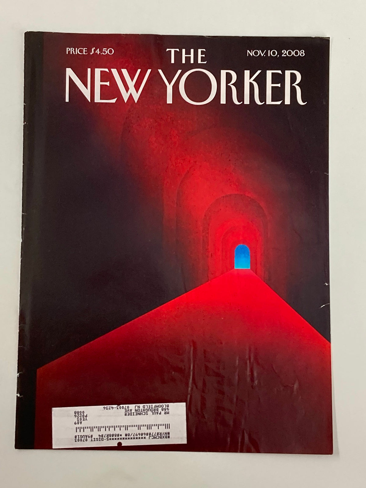 Cover of The New Yorker dated November 10, 2008 with the artwork 'A Very Long Tunnel' by Bryan Stauffer, highlighted by a vivid red background and a glowing blue tunnel.