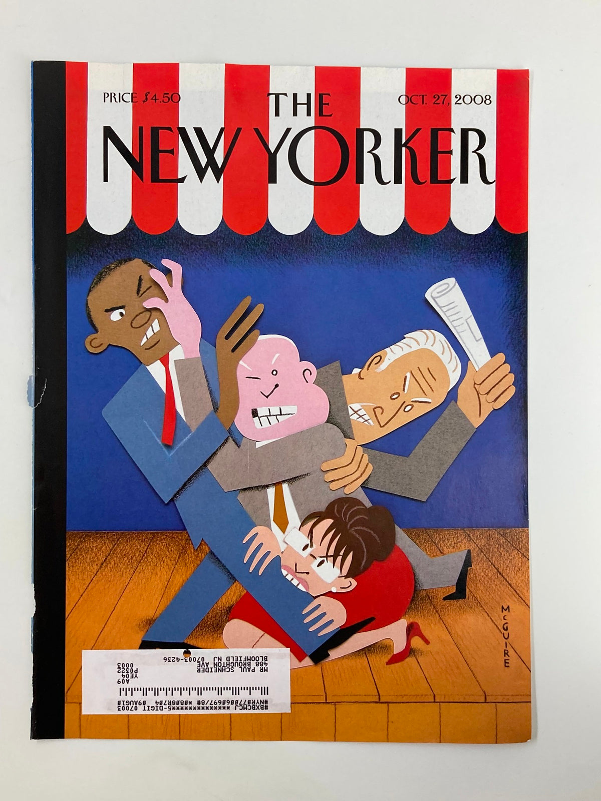Cover art of The New Yorker October 27, 2008 showcasing the illustration 'With Dignity' by Richard McGuire with a colorful, dynamic composition.