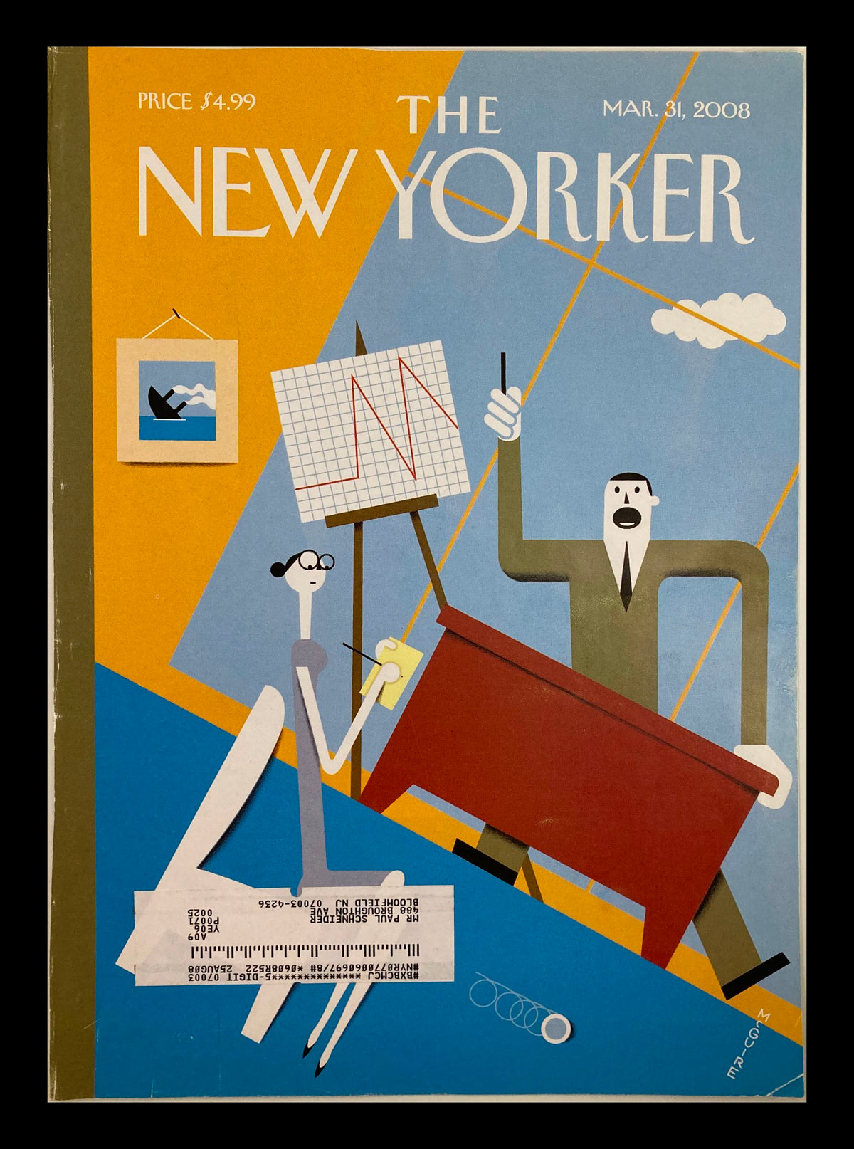 Cover of The New Yorker March 31, 2008, titled 'All Downhill' by Richard McGuire. The artwork features a stylized illustration of a man and woman engaged in an artistic endeavor, showcasing rich colors and clever design.