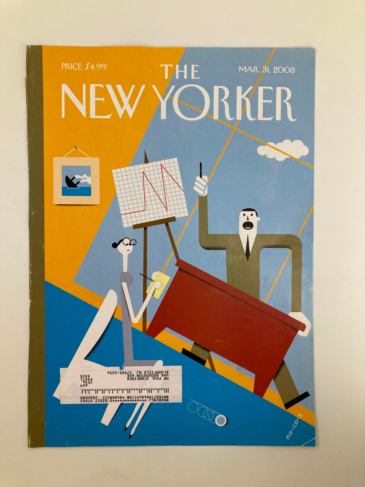 The New Yorker March 31, 2008 cover, 'All Downhill' by Richard McGuire, displayed at an angle to highlight the vibrant colors and creative illustration of two characters interacting with artistic tools.