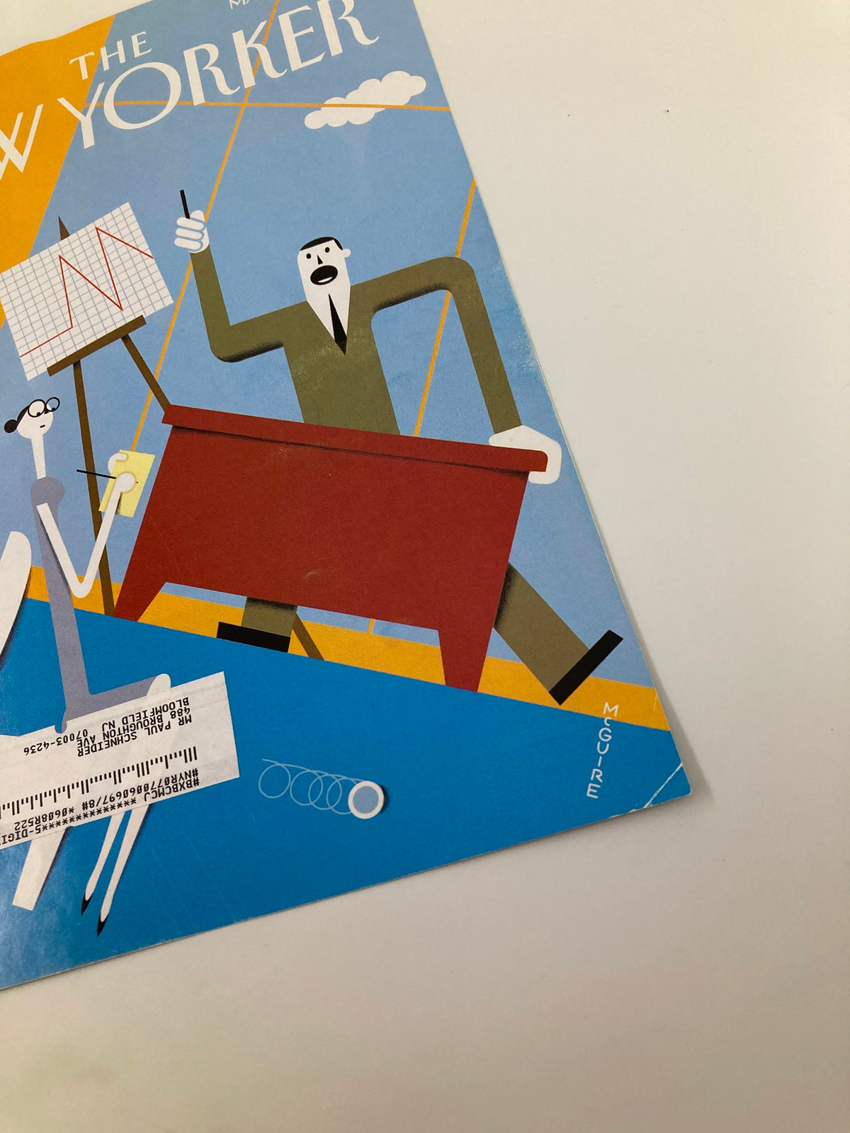 Detail view of The New Yorker March 31, 2008 cover 'All Downhill' by Richard McGuire, emphasizing the unique artistic style and design elements, including visible creases adding character to the piece.