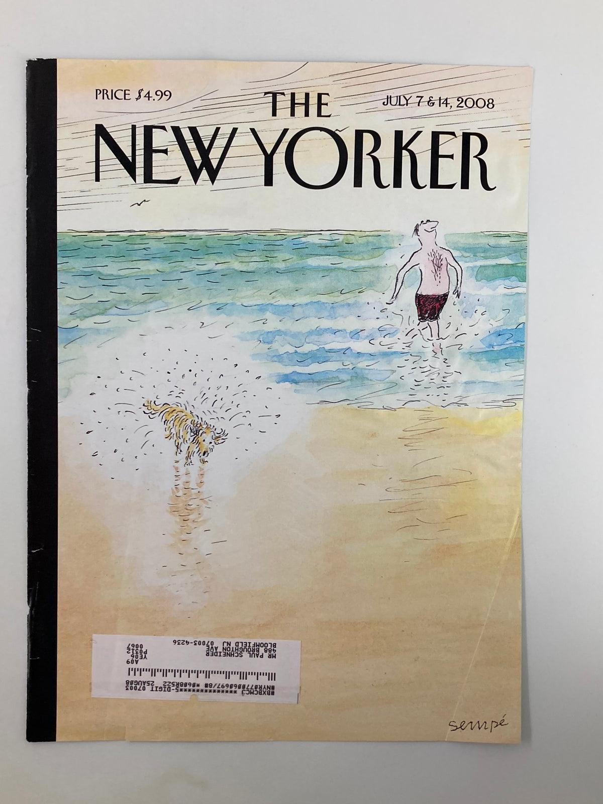 The New Yorker Cover titled 'First Bath' by Jean-Jacques Sempe, featuring a man in swim trunks wading into the ocean while a dog plays in the water, dated July 7 & 14, 2008.