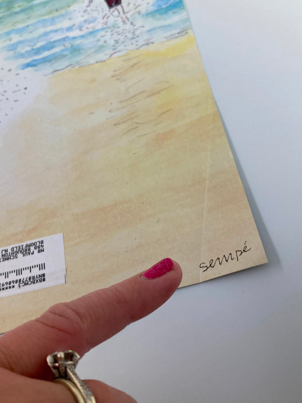 Close-up of the 'First Bath' cover by Jean-Jacques Sempe from The New Yorker, showcasing Sempe's signature near the bottom of the illustration, dated July 7 & 14, 2008.