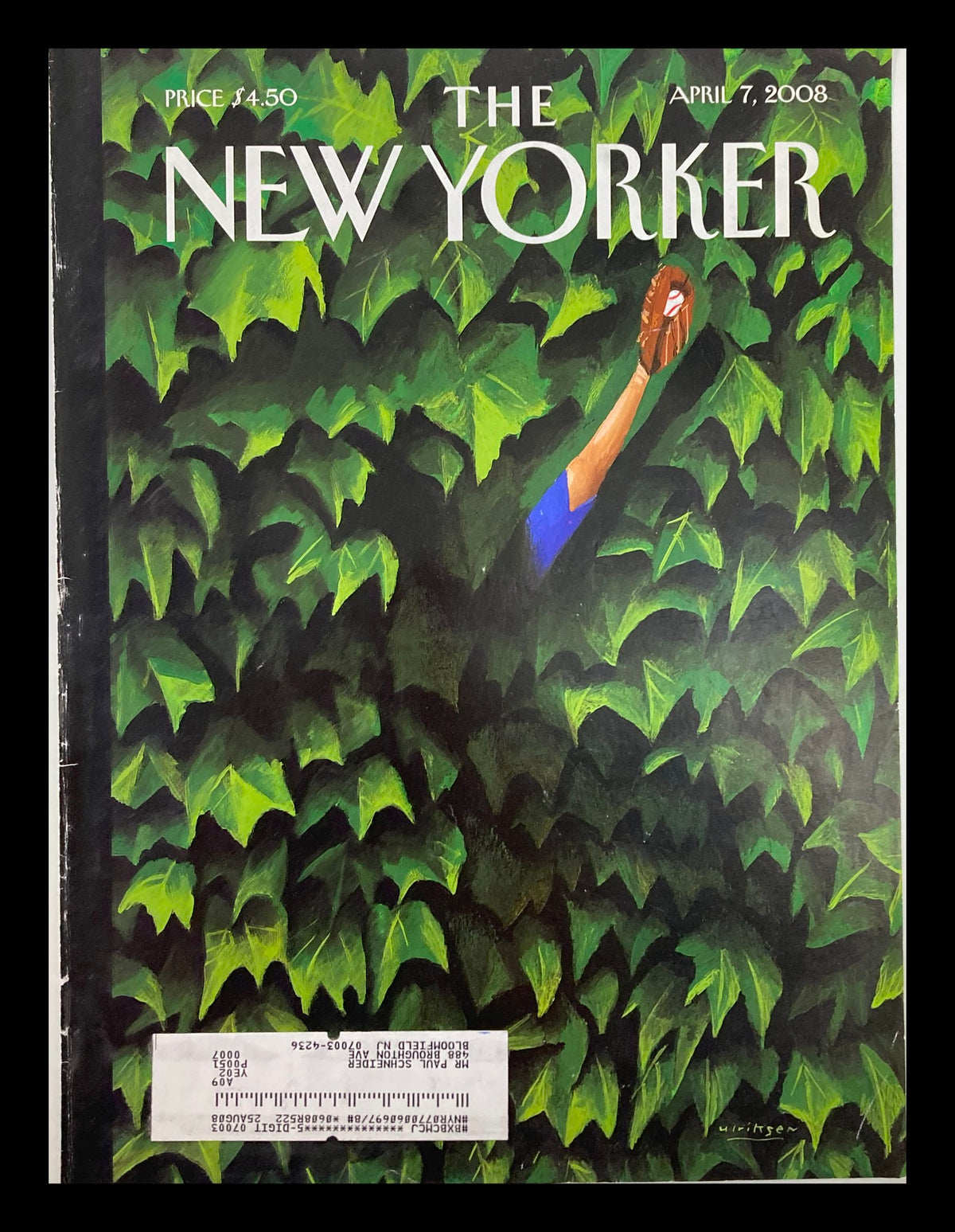 Cover of The New Yorker April 7 2008, titled Lost and Found by Mark Ulriksen, featuring an illustration of a hand reaching through green ivy leaves. This striking cover design reflects contemporary artistic trends and is perfect for collectors.