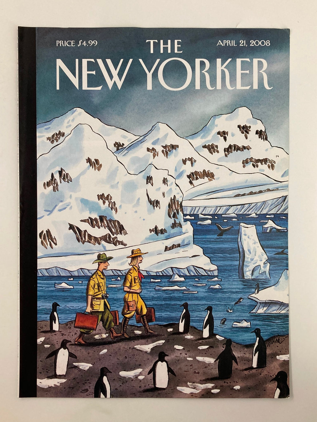 Cover of The New Yorker April 21, 2008 titled 'On the Move' by Jacques de Loustal, featuring two explorers strolling through a polar landscape with icebergs and penguins.